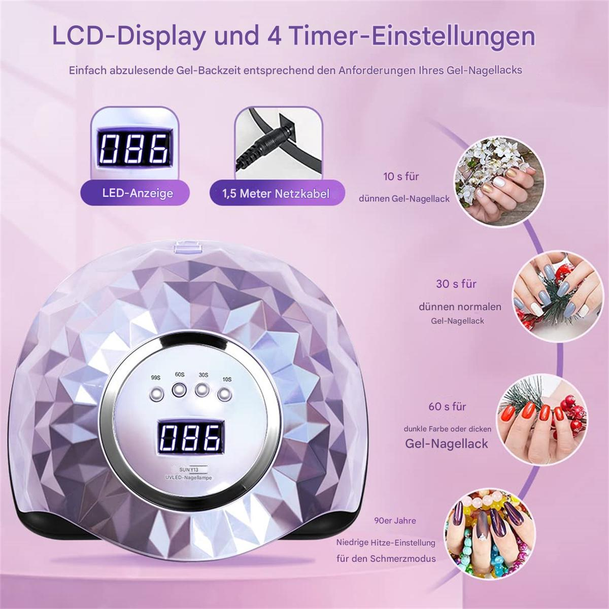 Lila UV-Nagellampe mit Digitalanzeige und Zeiteinstellungen. Enthält Bilder von manikürten Nägeln.