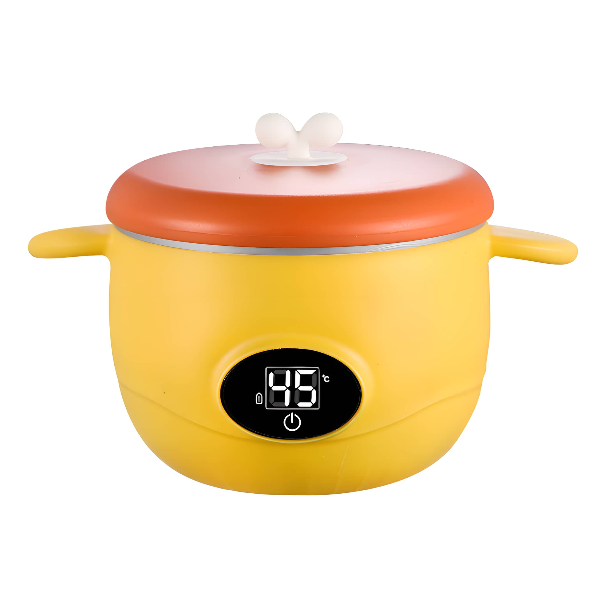Gelb-oranger Babykostwärmer. Rund, mit Griffen, Digitalanzeige und weißem Knopf oben.