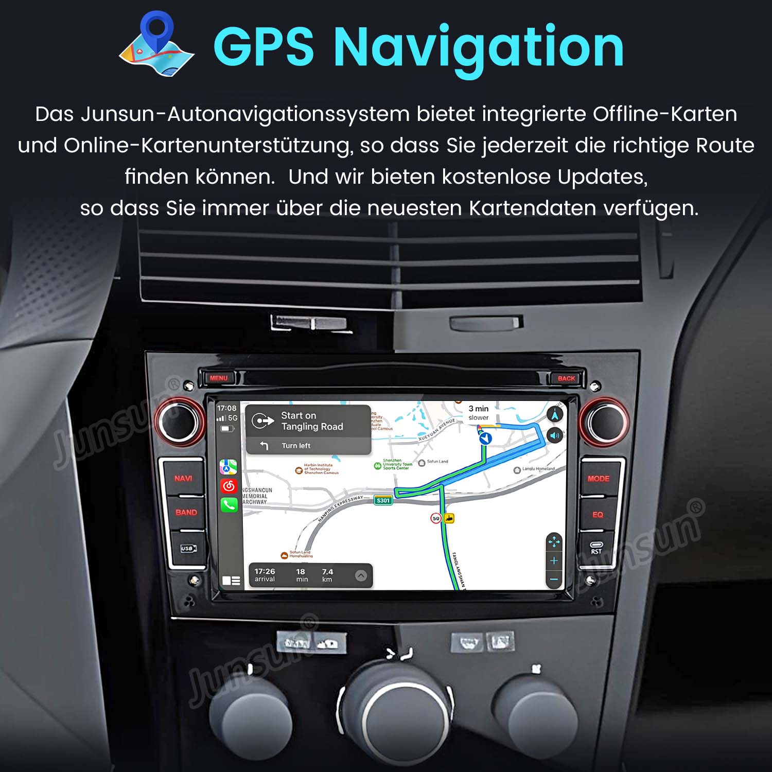 Deska rozdzielcza samochodu z ekranem nawigacji GPS pokazującym mapę.