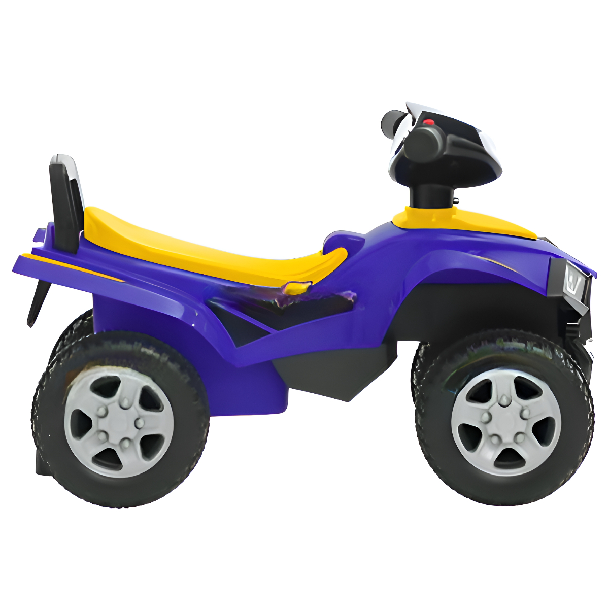 Lila und gelbes Spielzeug-ATV mit schwarzen Reifen. Isoliert auf weißem Hintergrund.