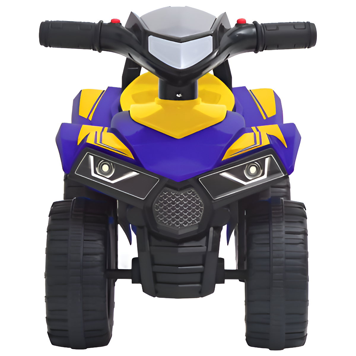 Blaues und gelbes Spielzeugmotorrad, mit Scheinwerfern und schwarzen Reifen.