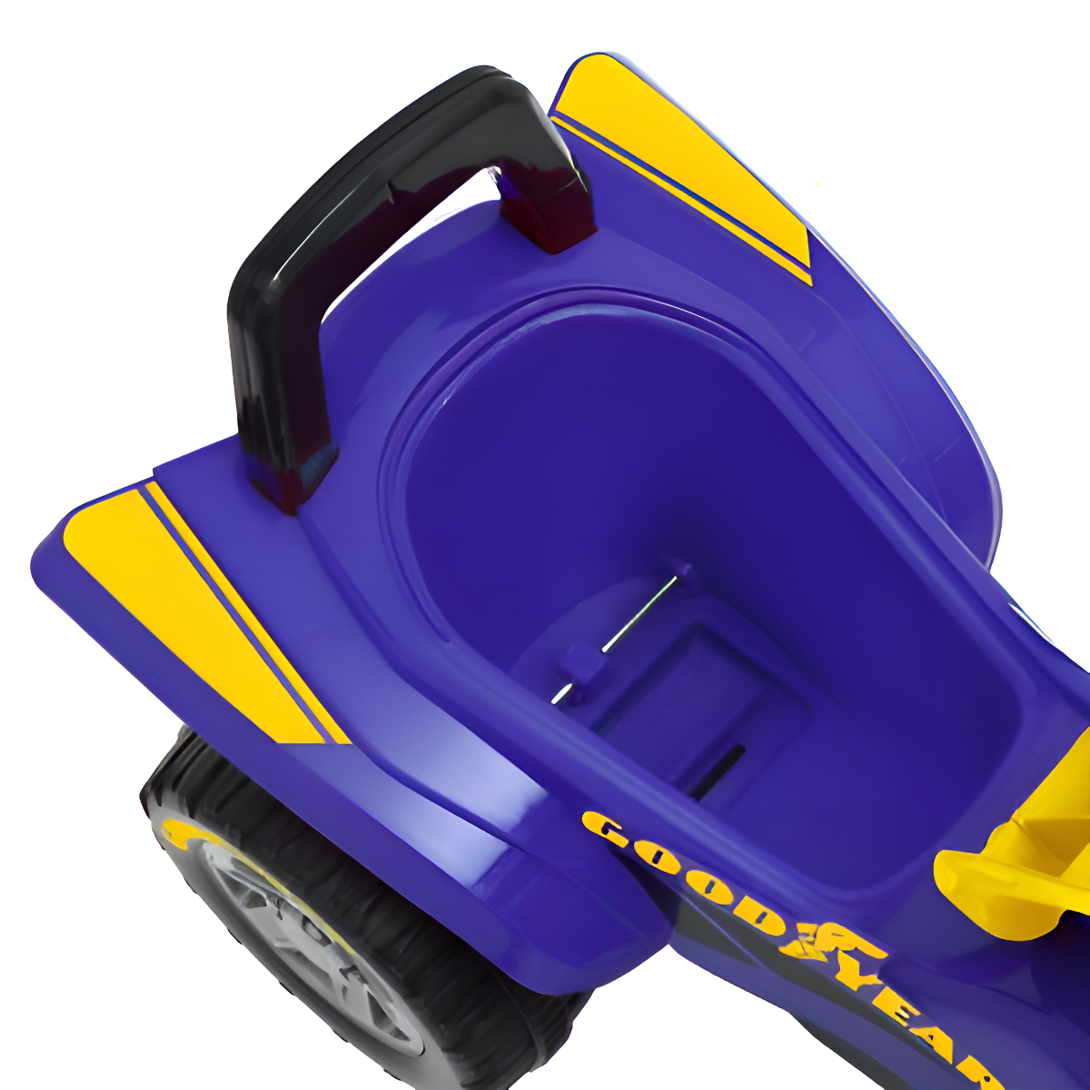 Blaues und gelbes Spielzeugauto mit schwarzem Griff. Goodyear-Logo vorhanden.