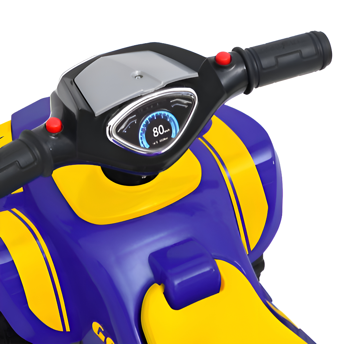 Blau-gelbes Spielzeugmotorrad-Armaturenbrett mit Tachometer, der 80 km/h anzeigt.