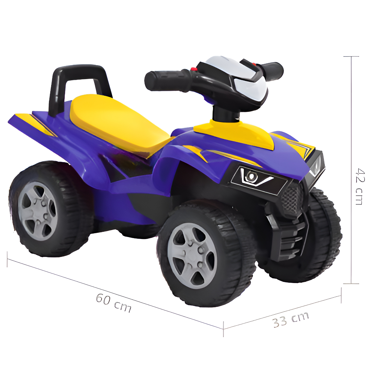 Ein blau-gelbes Spielzeug-ATV mit den Abmessungen 60x33x42 cm, auf weißem Hintergrund.