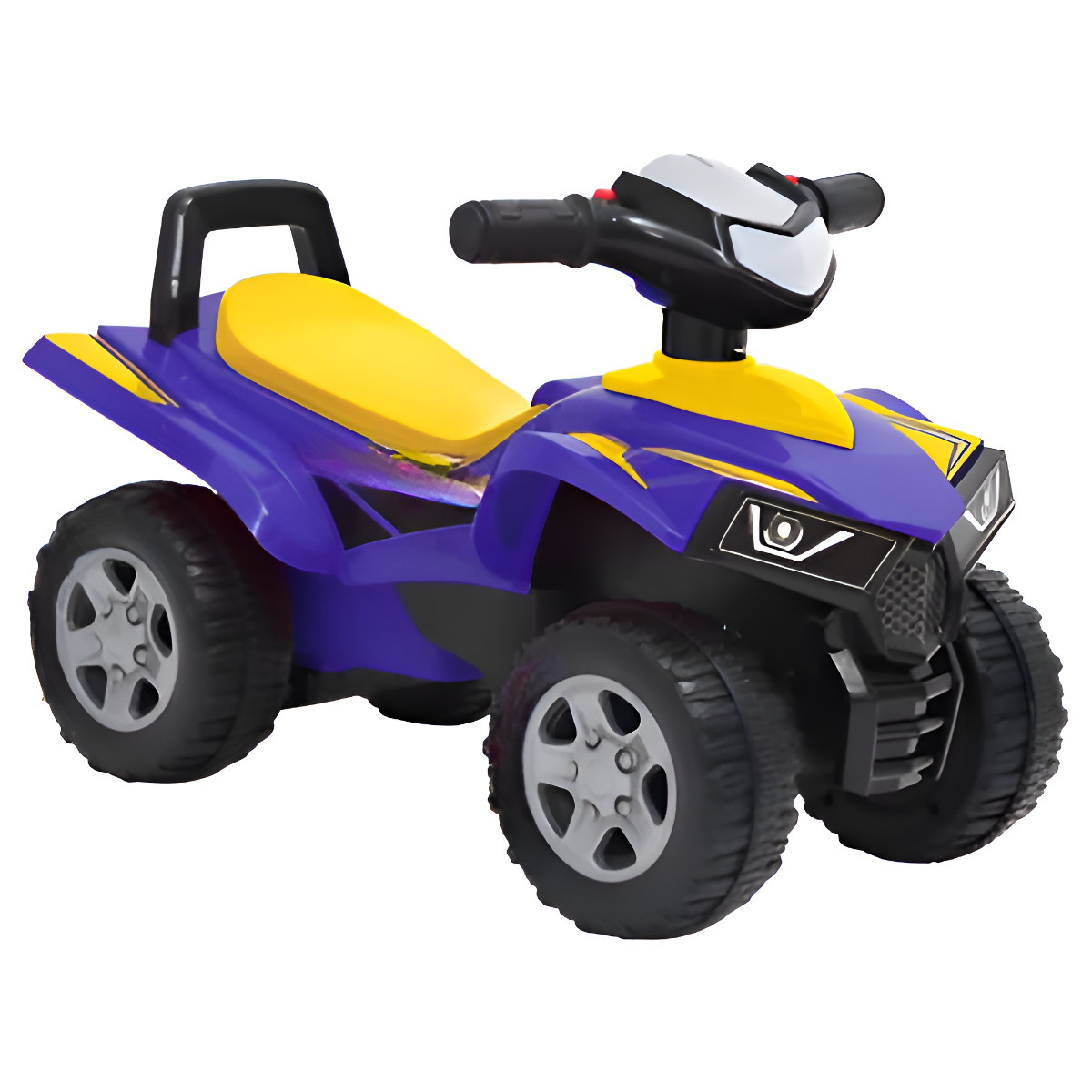 Ein blau-gelbes Spielzeug-ATV auf weißem Hintergrund. Es hat vier Räder und einen schwarzen Griff.