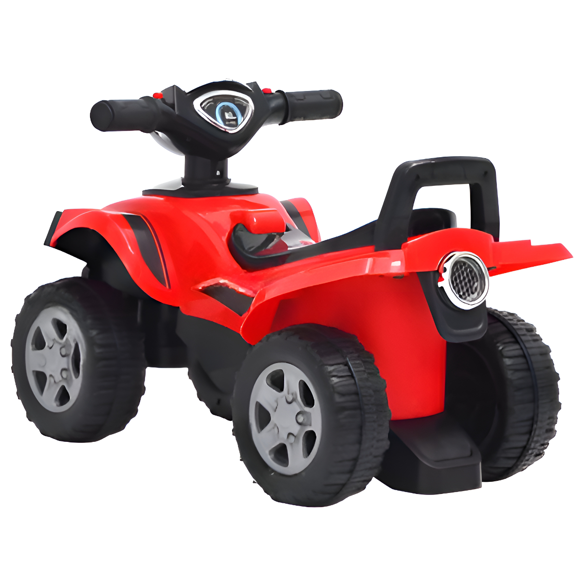 Rotes und schwarzes Spielzeug-ATV. Es hat vier Räder, einen Lenker und einen Sitz.