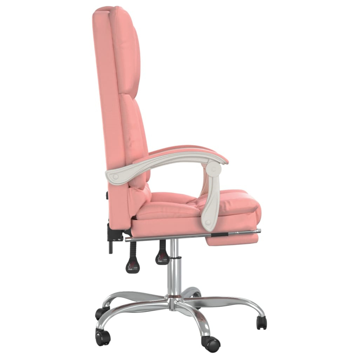 Rosa Bürostuhl mit hoher Rückenlehne und Armlehnen auf einem metallischen Gestell mit Rollen.