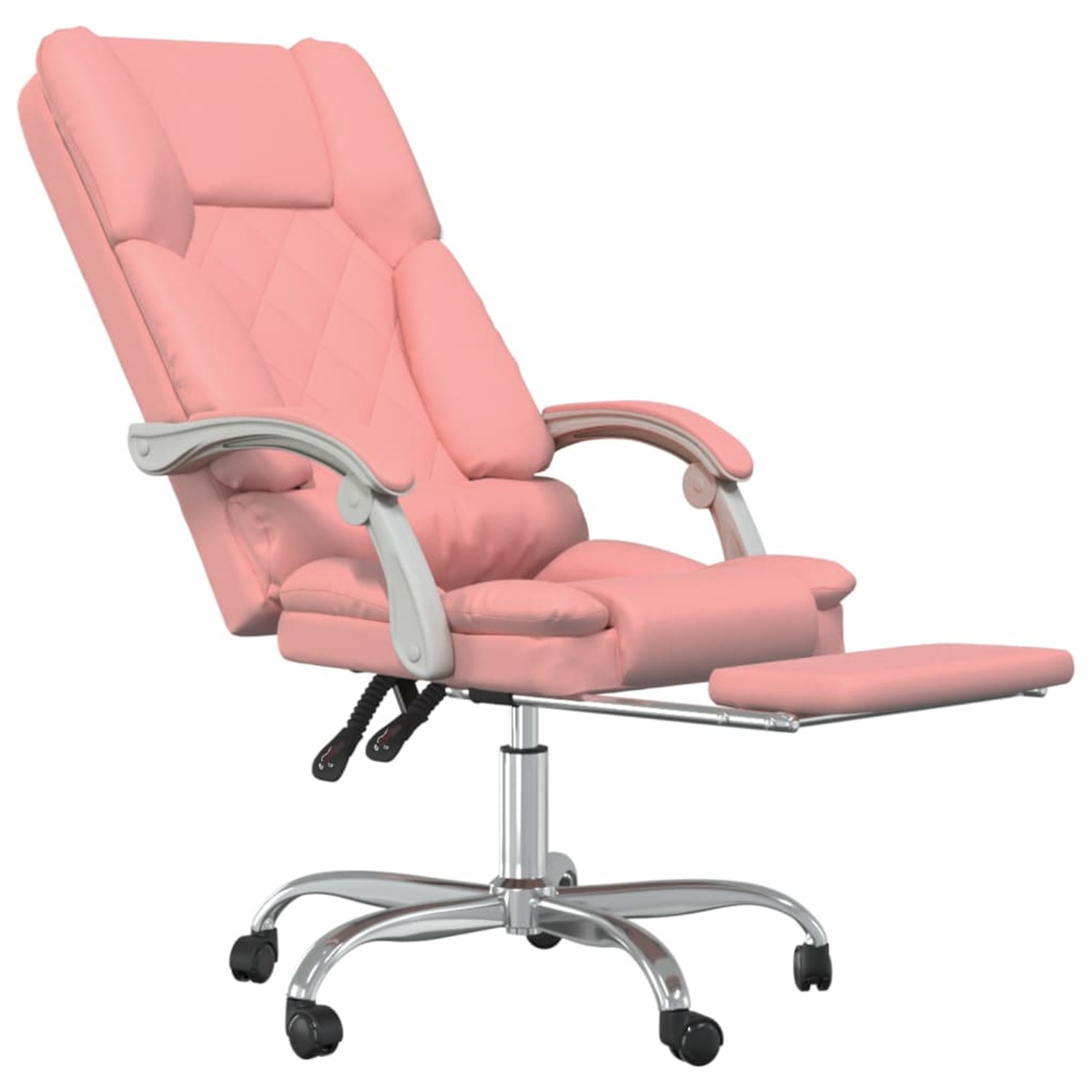 Ein rosa Relaxsessel mit Fußstütze und silberfarbenen Akzenten, vor weißem Hintergrund.