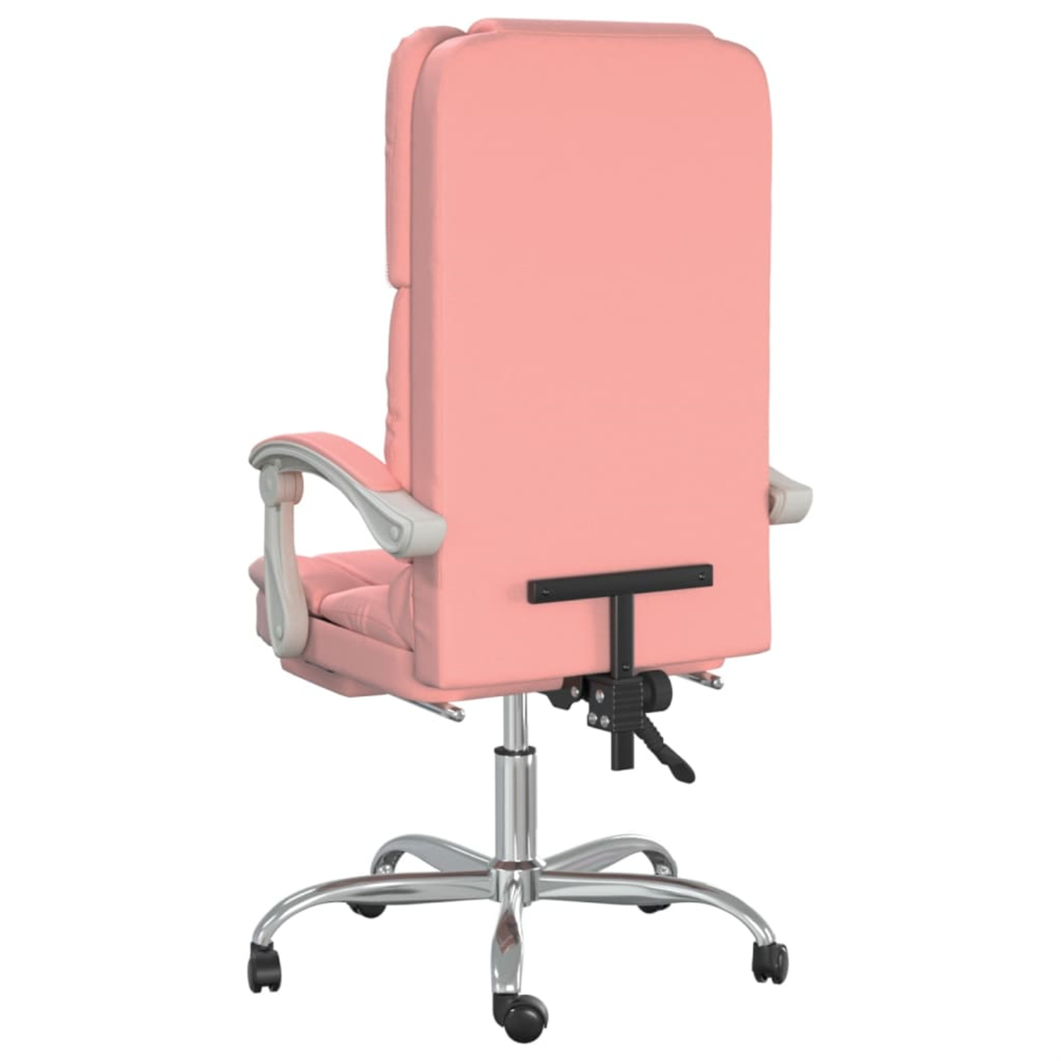 Rosa Bürostuhl mit hohem Rücken, Chromfuß und Armlehnen.