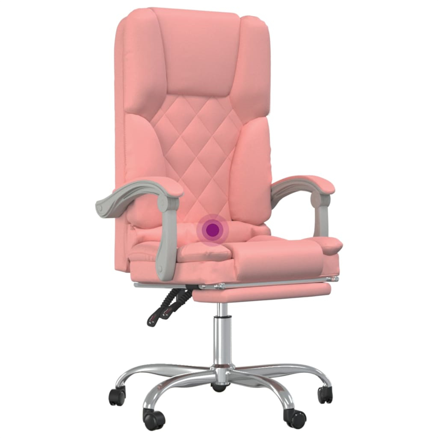 Ein rosa Bürostuhl mit silbernem Fuß und Fußstütze. Es hat ein Rautenmuster.