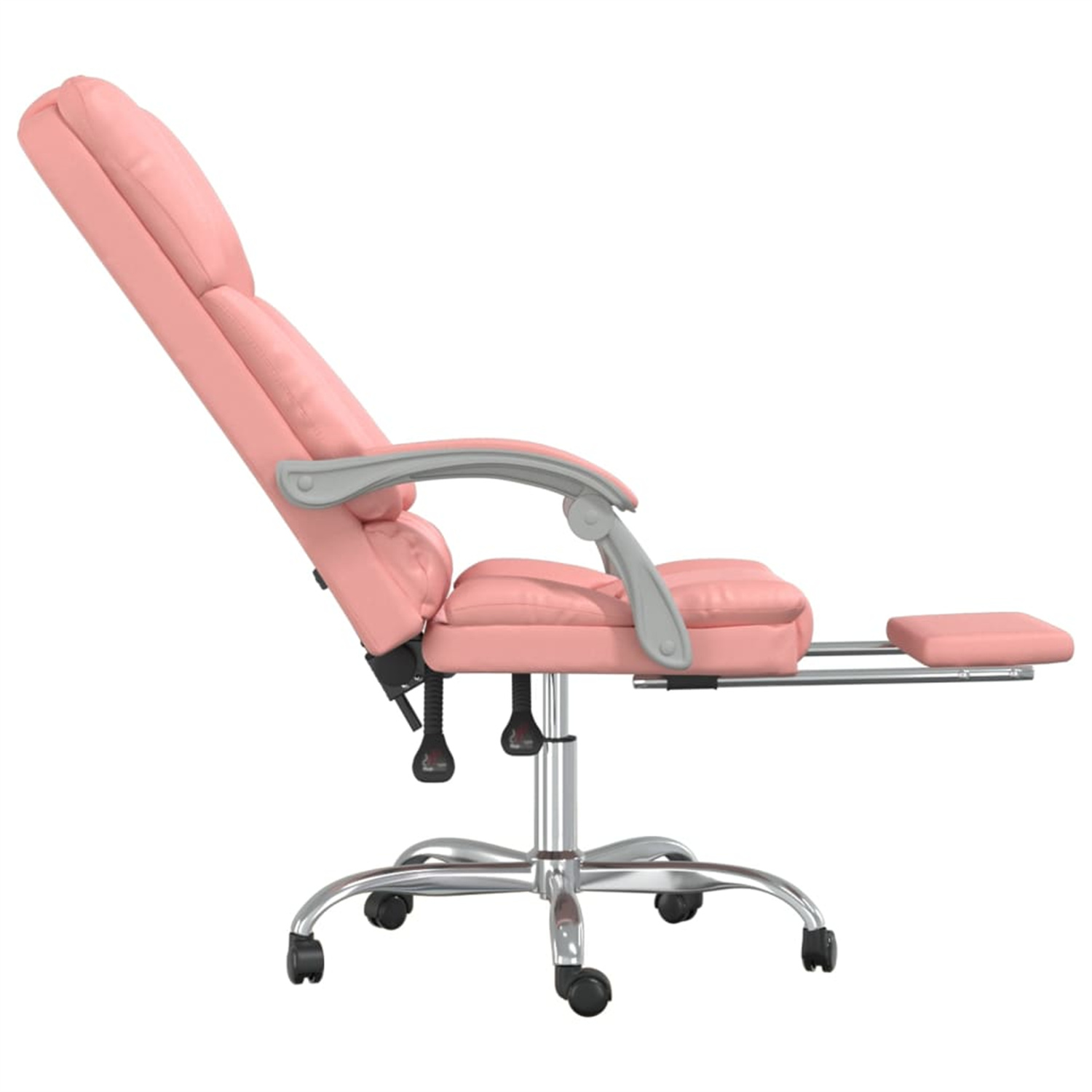 Ein rosa, verstellbarer Bürostuhl mit silbernem Fuß und Armlehnen.