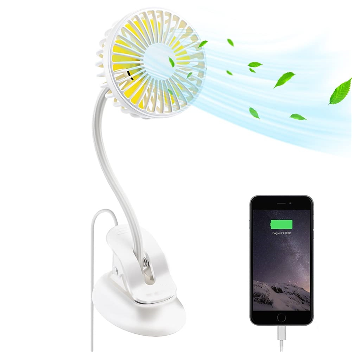 Weißer Ventilator mit gelben Blättern, verbunden mit einem Telefon, das mit einem Kabel geladen wird.