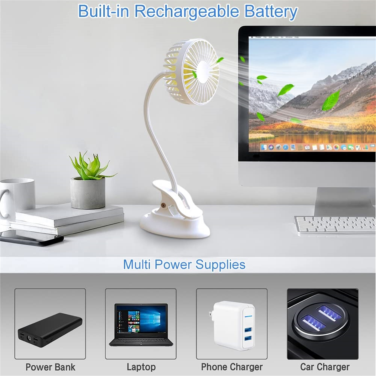 Weißer Ventilator auf dem Schreibtisch, Monitor mit Landschaft. Powerbank, Laptop, Ladegerät, Autoladegerät.
