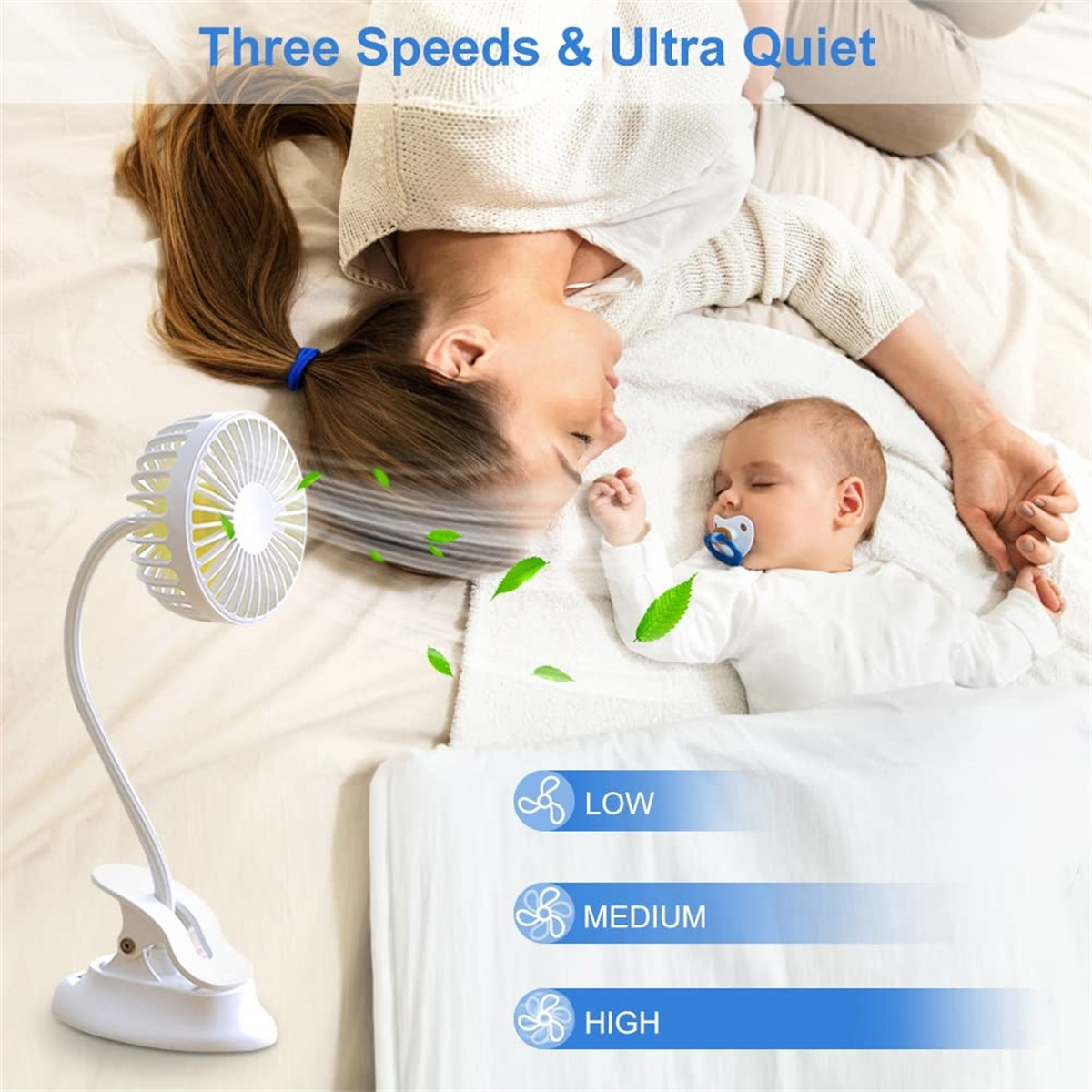 Frau und Baby liegen auf einem Bett. Ein Ventilator bläst Luft. Die Bilder zeigen drei Geschwindigkeiten.