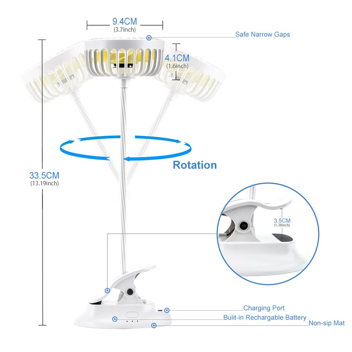 Weißer Schreibtischventilator mit drehbarem Kopf, Messungen und Funktionen beschriftet. Er hat eine Klemmbasis.