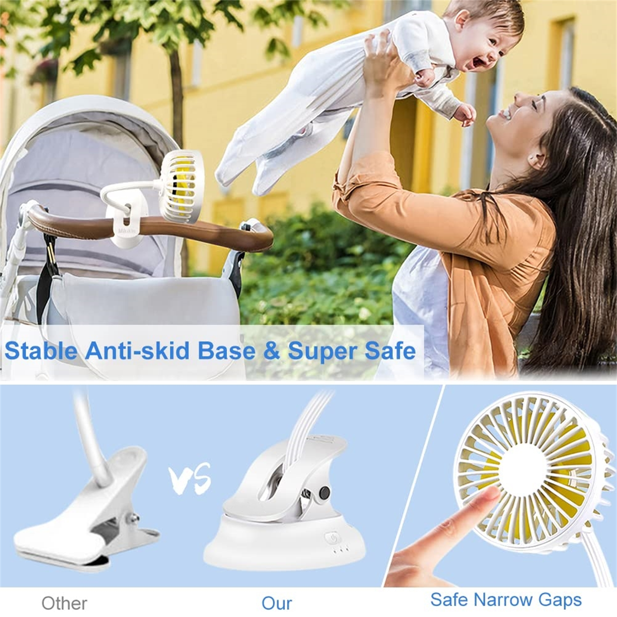 Ein Baby wird von einer Frau in die Luft gehalten. Ein Kinderwagen ist im Hintergrund. Textüberlagerung.