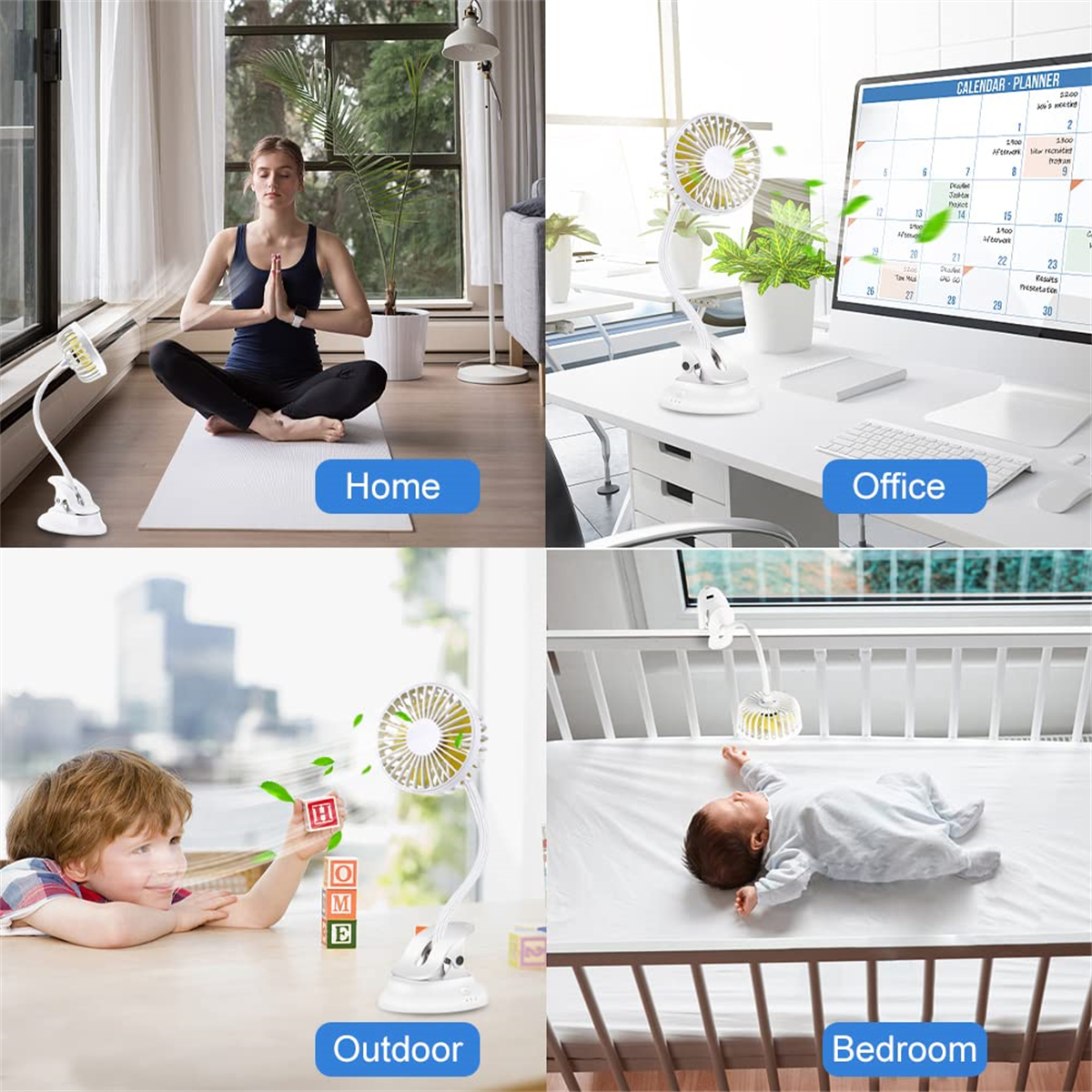 Vier Bilder, die die Verwendung kleiner Ventilatoren zeigen: Zuhause, Büro, im Freien und im Schlafzimmer. Jedes Bild verwendet eine andere Umgebung.