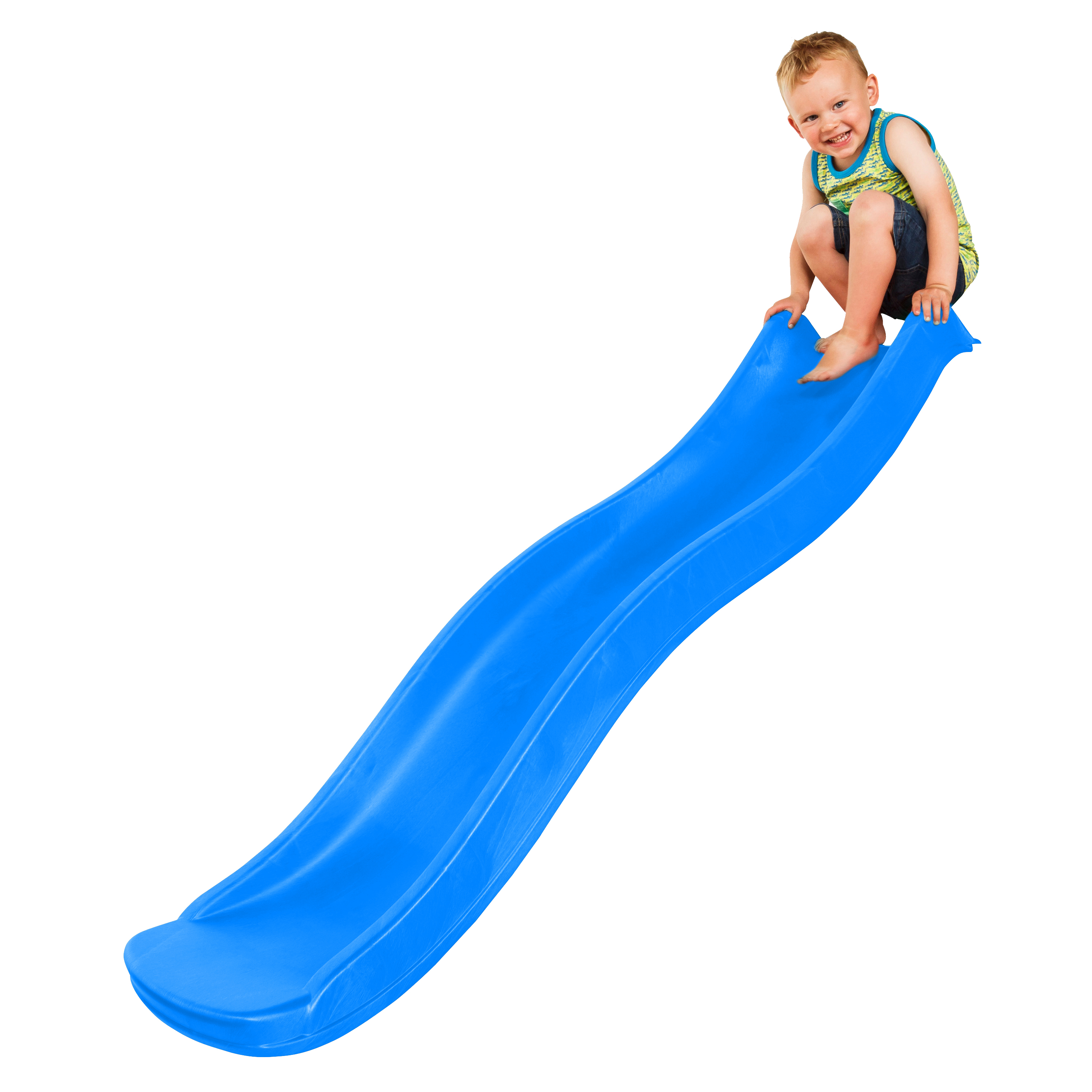 Ein Kind sitzt oben auf einer blauen Rutsche und ist bereit, herunterzurutschen. Der Hintergrund ist weiß.