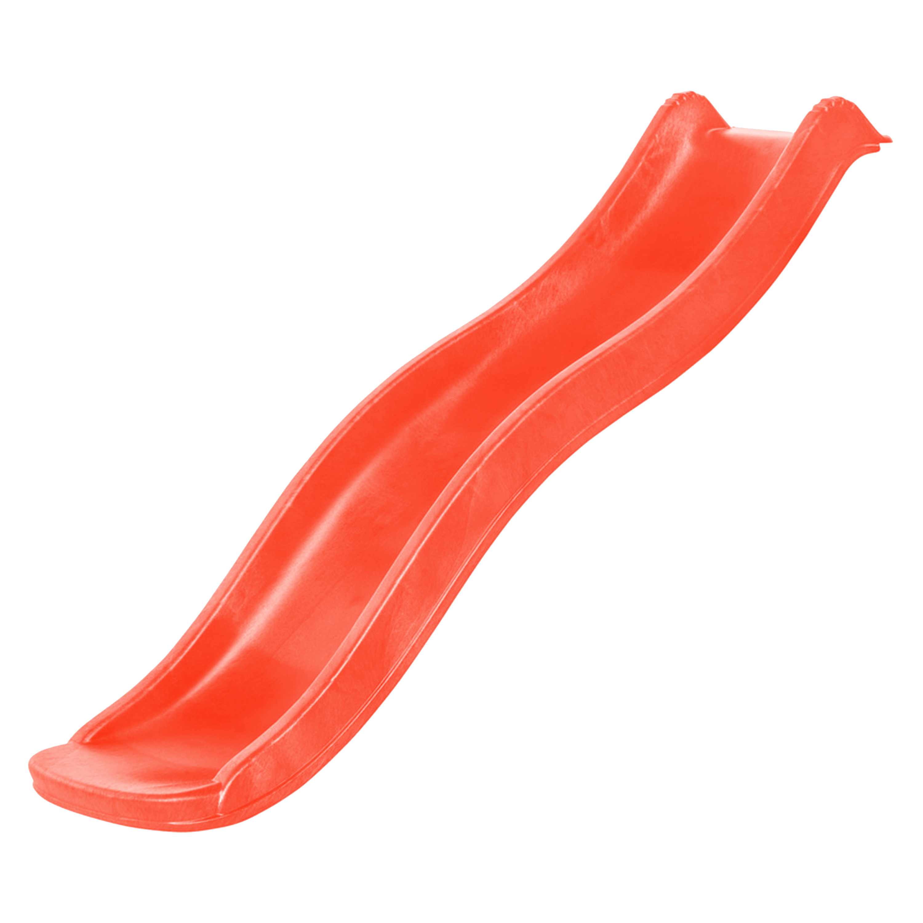 Orangefarbene Kunststoffrutsche, geschwungenes Design.