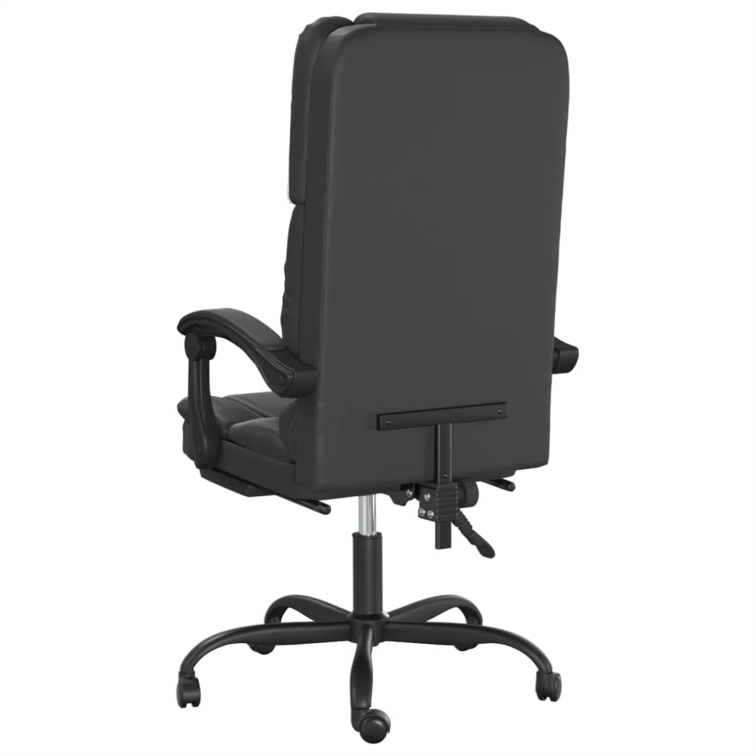 Schwarzer Bürostuhl, Rückansicht. Hohe Rückenlehne, Armlehnen und ein Fünf-Rollen-Fuß. Der Stuhl steht vor weißem Hintergrund.