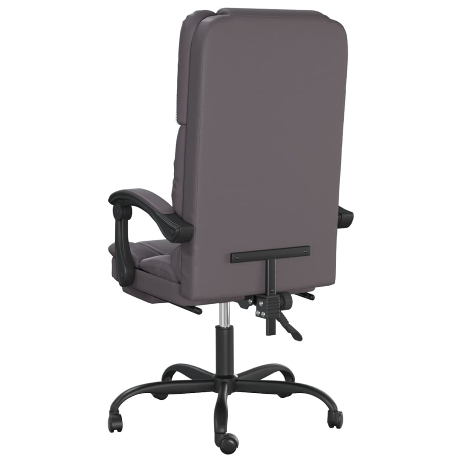 Bürostuhl, Rückansicht, mit grauer Rückenlehne und schwarzen Armlehnen und Gestell.
