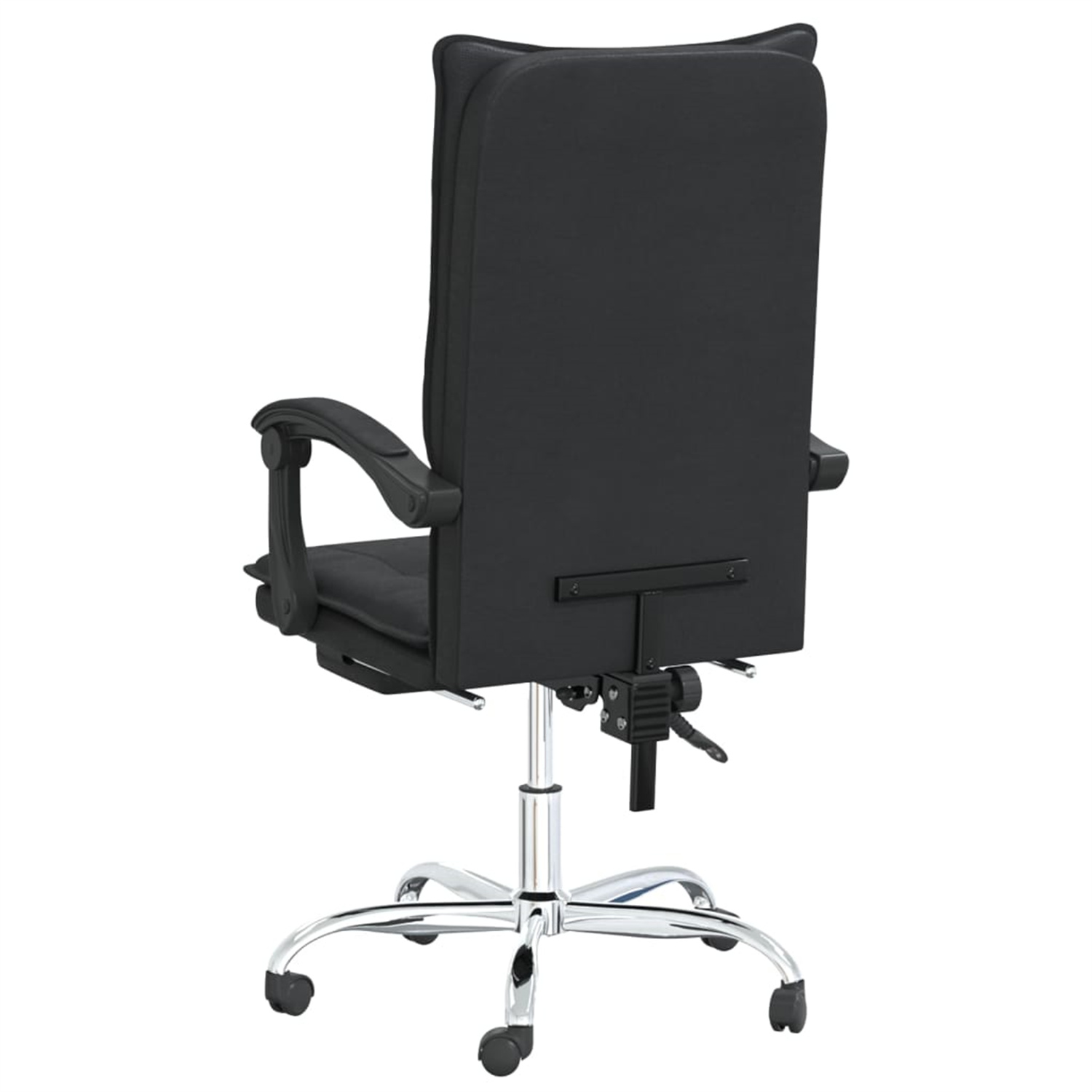 Schwarzer Bürostuhl von hinten mit Chromfuß. Sitz und Rücken sind schwarz.