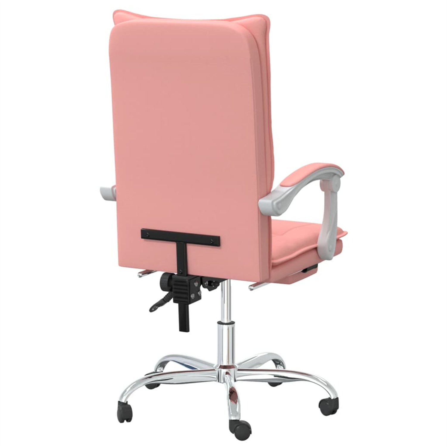 Rückansicht eines rosa Bürostuhls mit silbernem Gestell und Armlehnen.