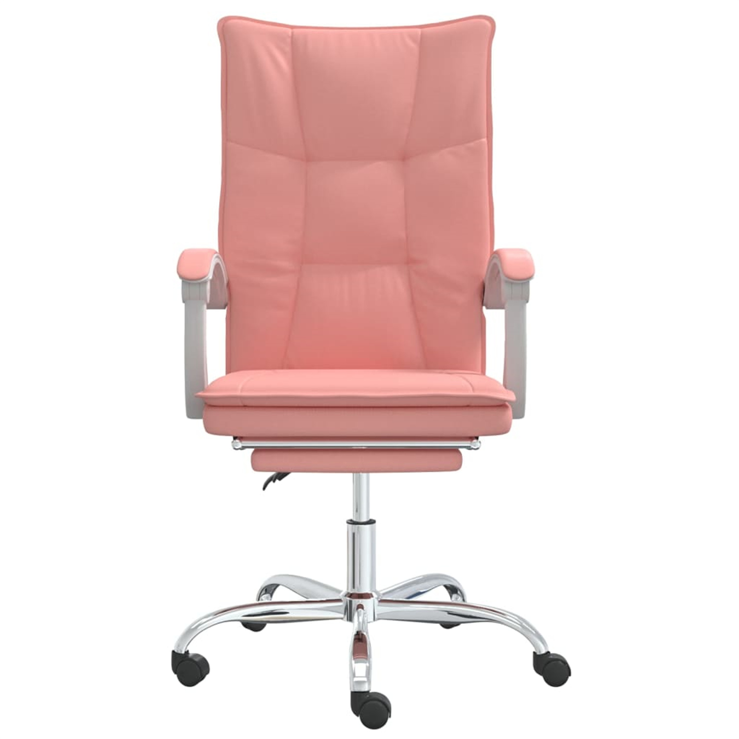 Ein rosa Bürostuhl mit Kopfstütze, Armlehnen und einem Fünf-Sterne-Fuß.