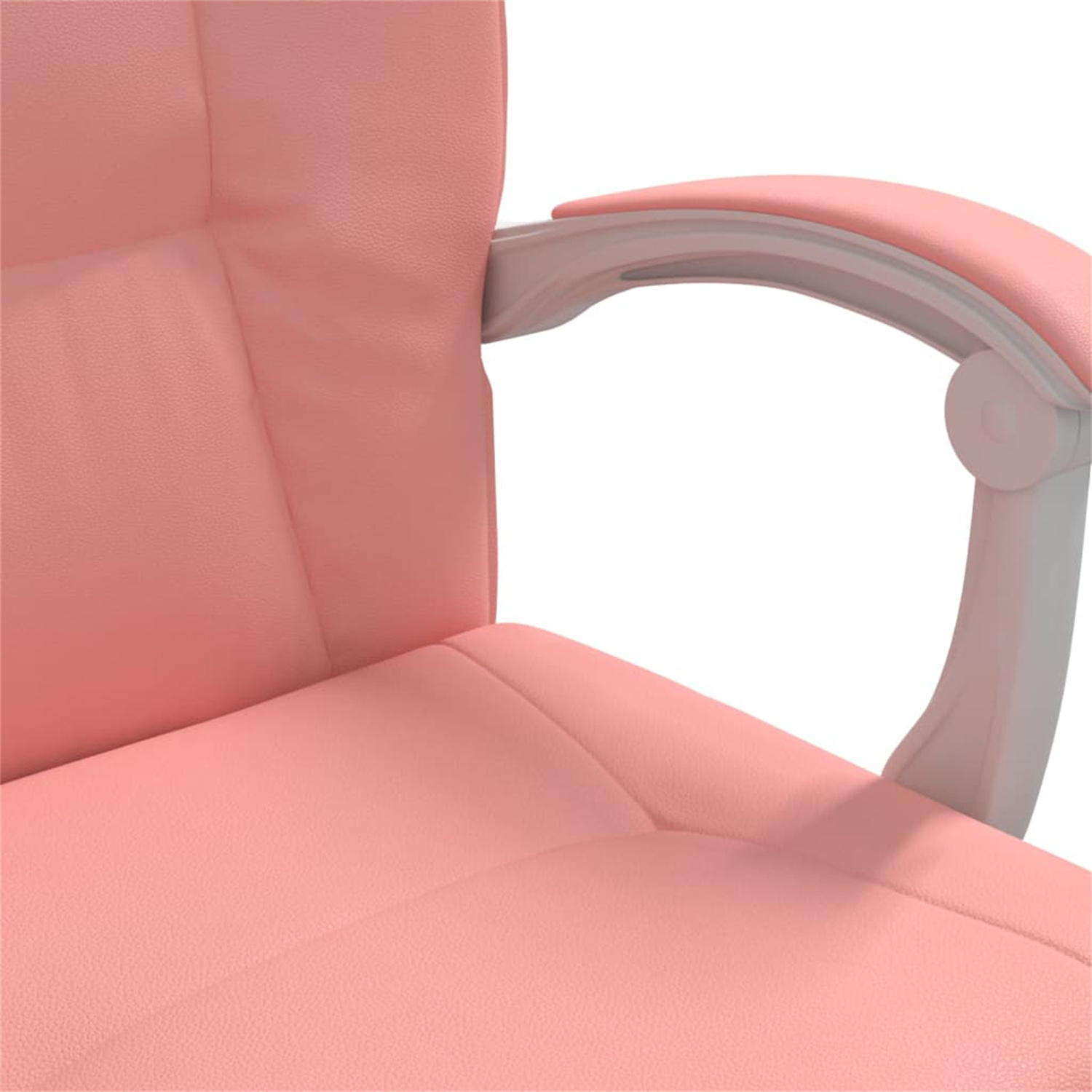 Nahaufnahme einer rosa Bürostuhllehne. Die Armlehne ist weiß und der Stuhl ist rosa.