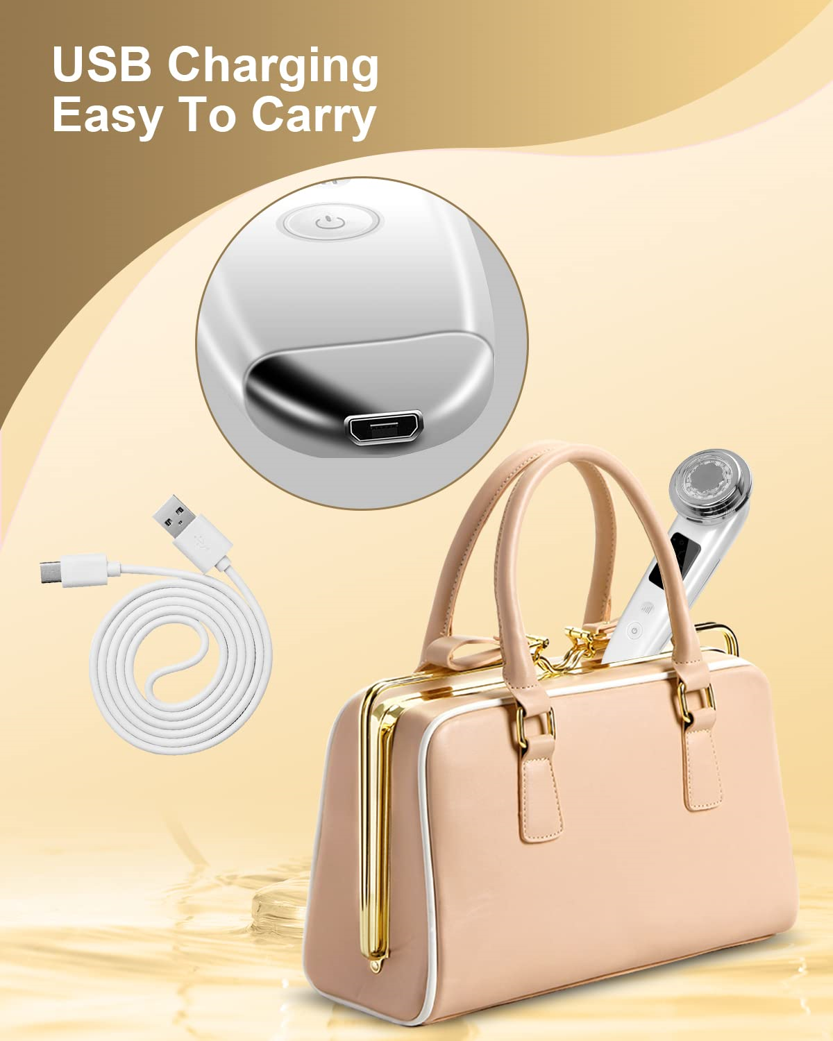 Ein Schönheitsgerät mit Ladekabel und Handtasche, das die Tragbarkeit zeigt.