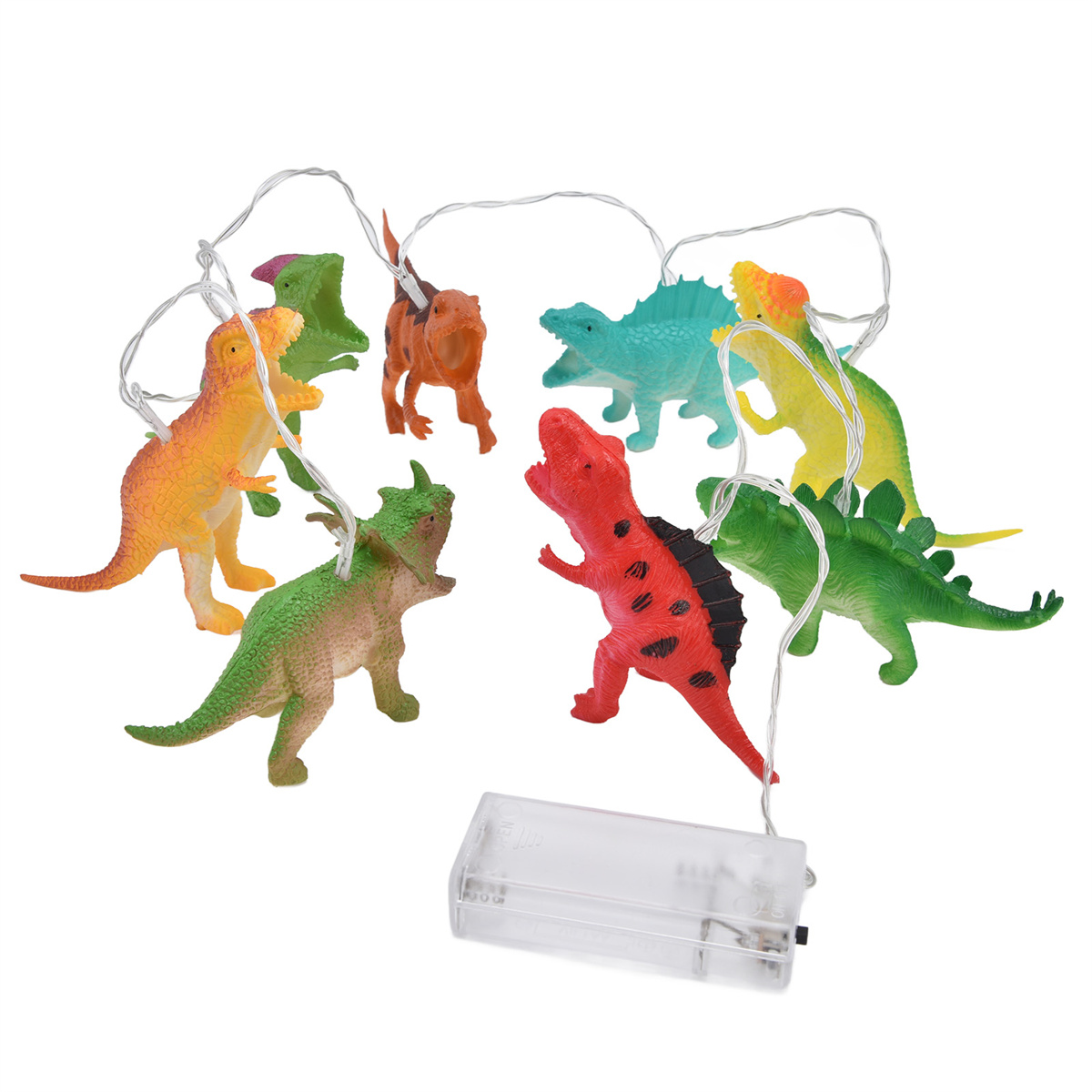 Kette von Dinosaurier-Lichtern. Bunte Dinosaurierfiguren, verbunden durch Draht.