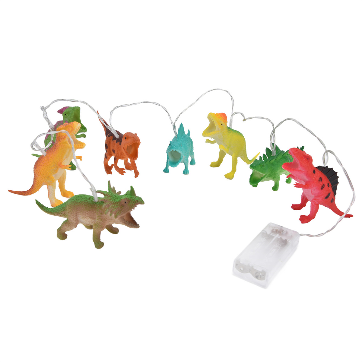 Lichterkette mit verschiedenen Dinosaurierfiguren. Grüne, orange und braune Dinosaurier.