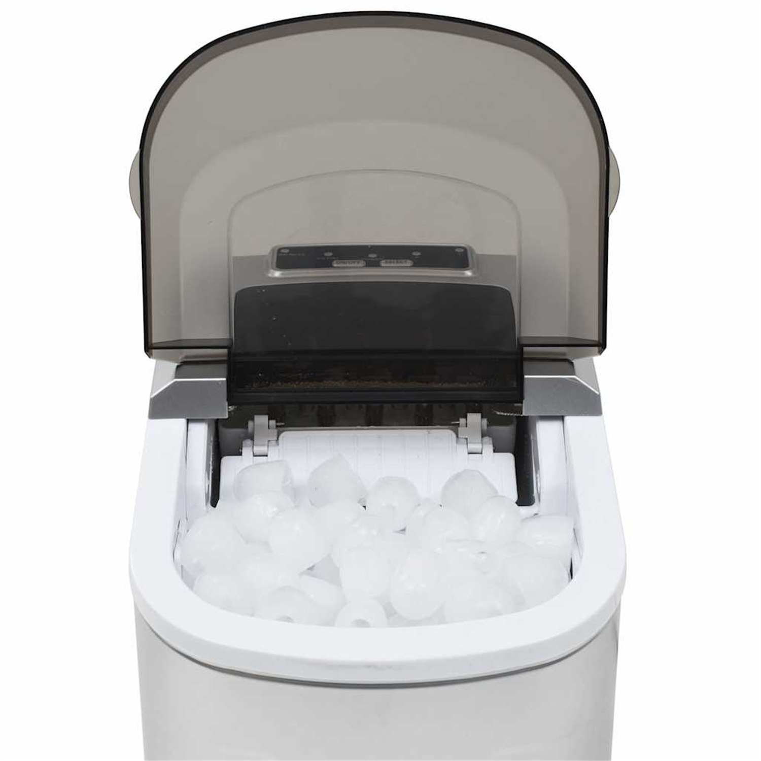 Ein Eisbereiter mit offenem Deckel, gefüllt mit Eiswürfeln.