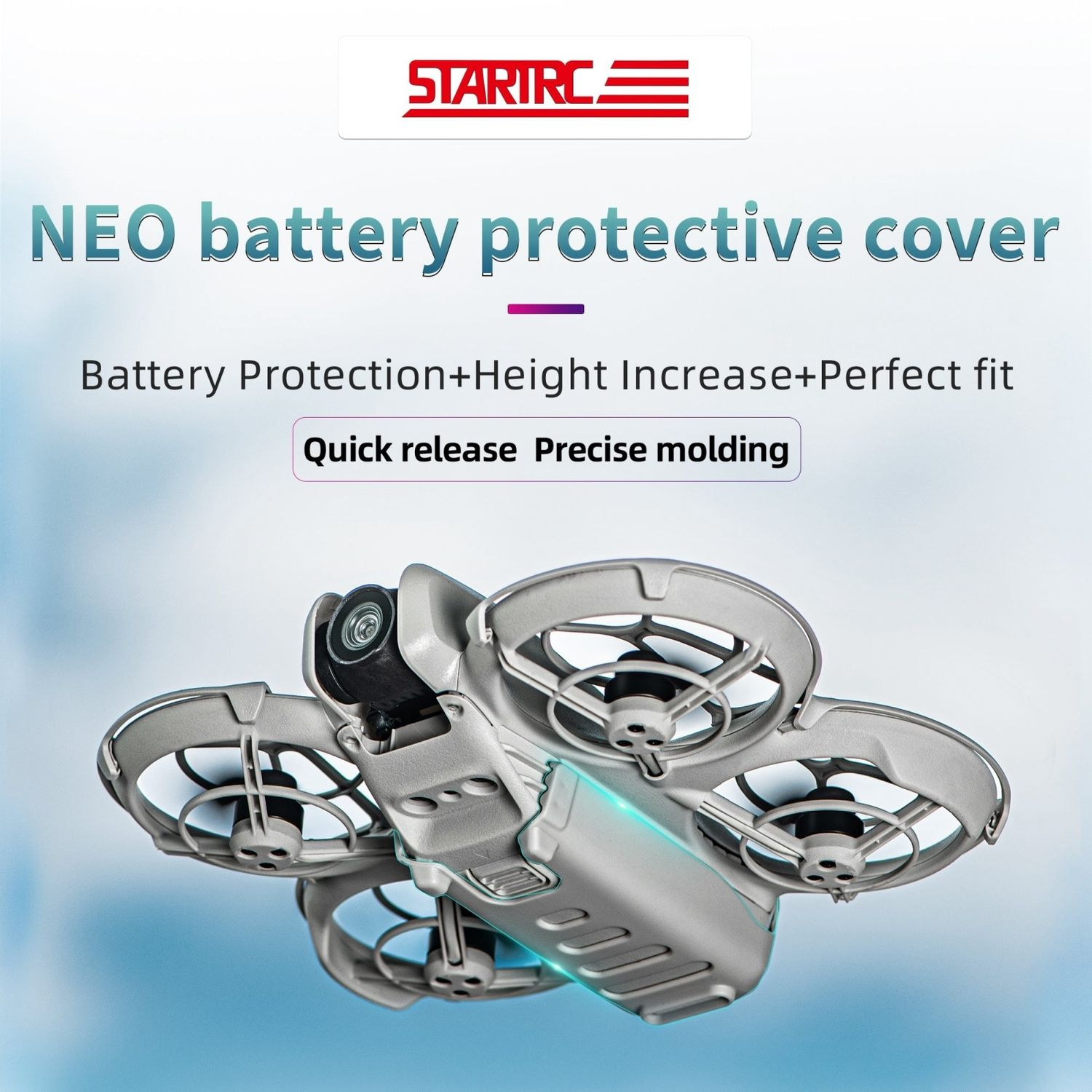 Eine Drohne mit Schutzhülle, die Batterieschutz, Höhenerhöhung und perfekte Passform zeigt.