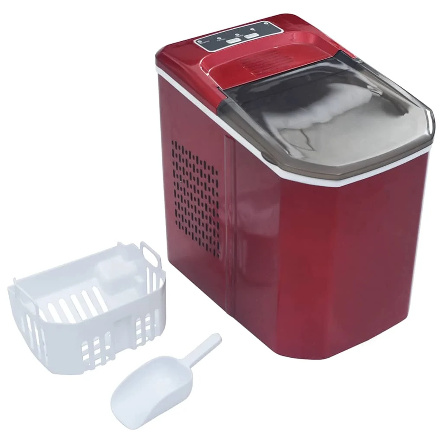 Roter Eisbereiter mit einem weißen Eisbehälter und einer Schaufel. Die Maschine steht auf weißem Grund.