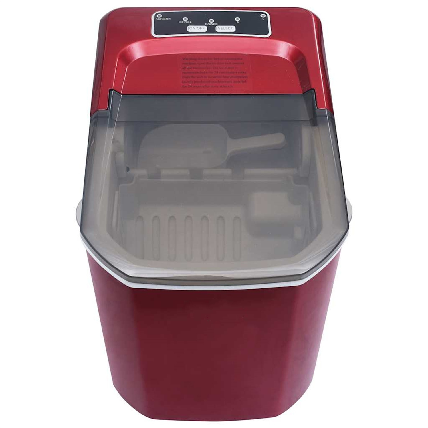 Ein roter Eisbereiter mit einem durchsichtigen Deckel. Die Oberseite hat Steuertasten und das Innere einen Messbecher.