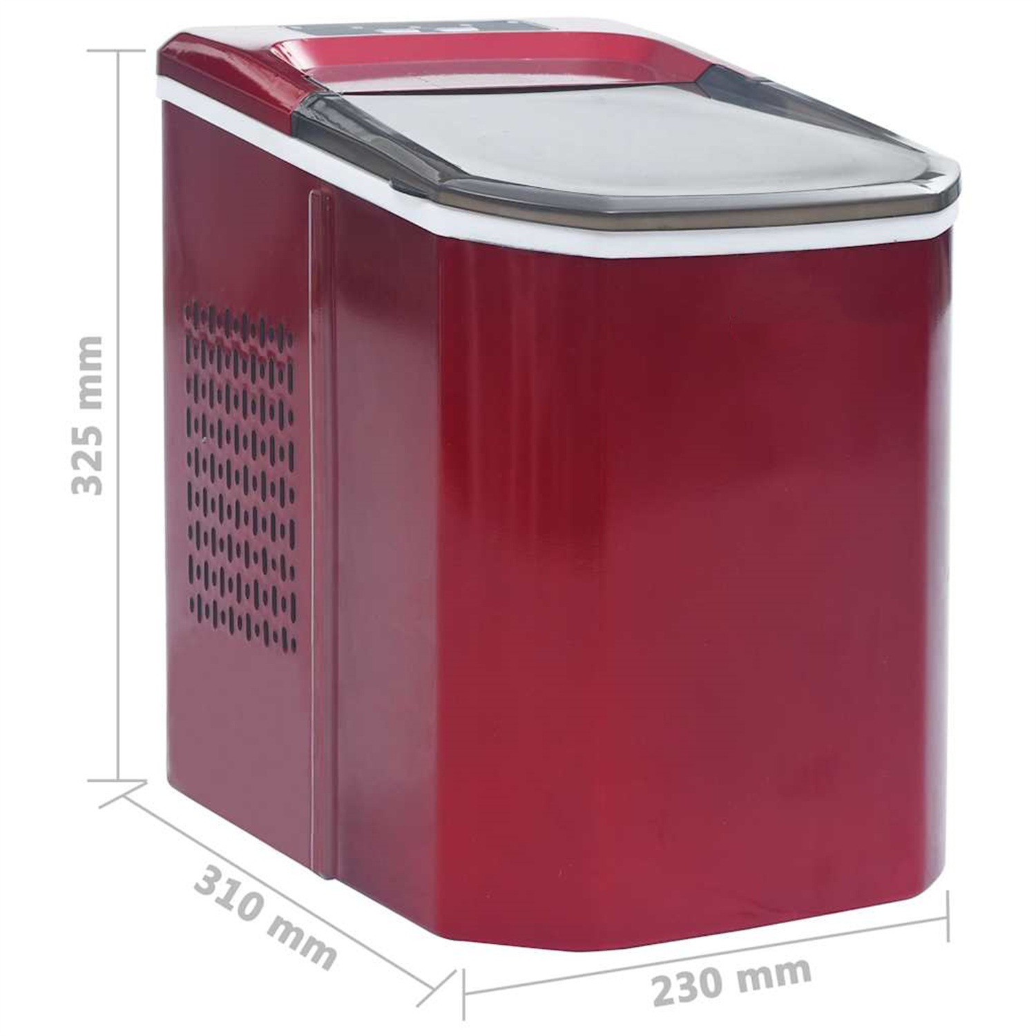 Roter Eismaschine mit in mm markierten Abmessungen.