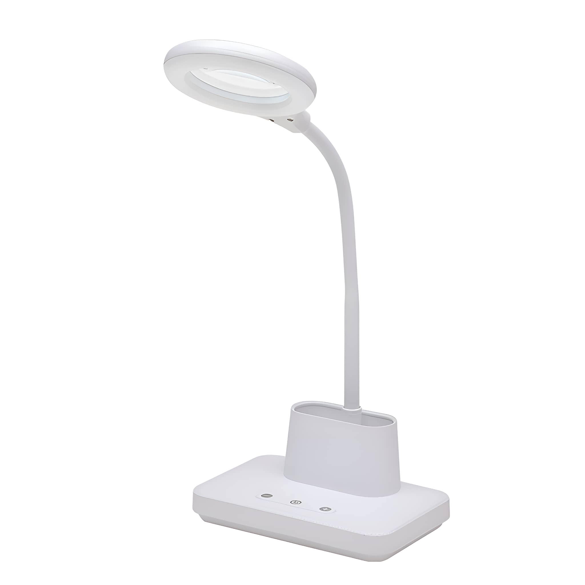 Weiße Schreibtischlampe mit Lupe. Weißer Sockel. Weißer Hintergrund.