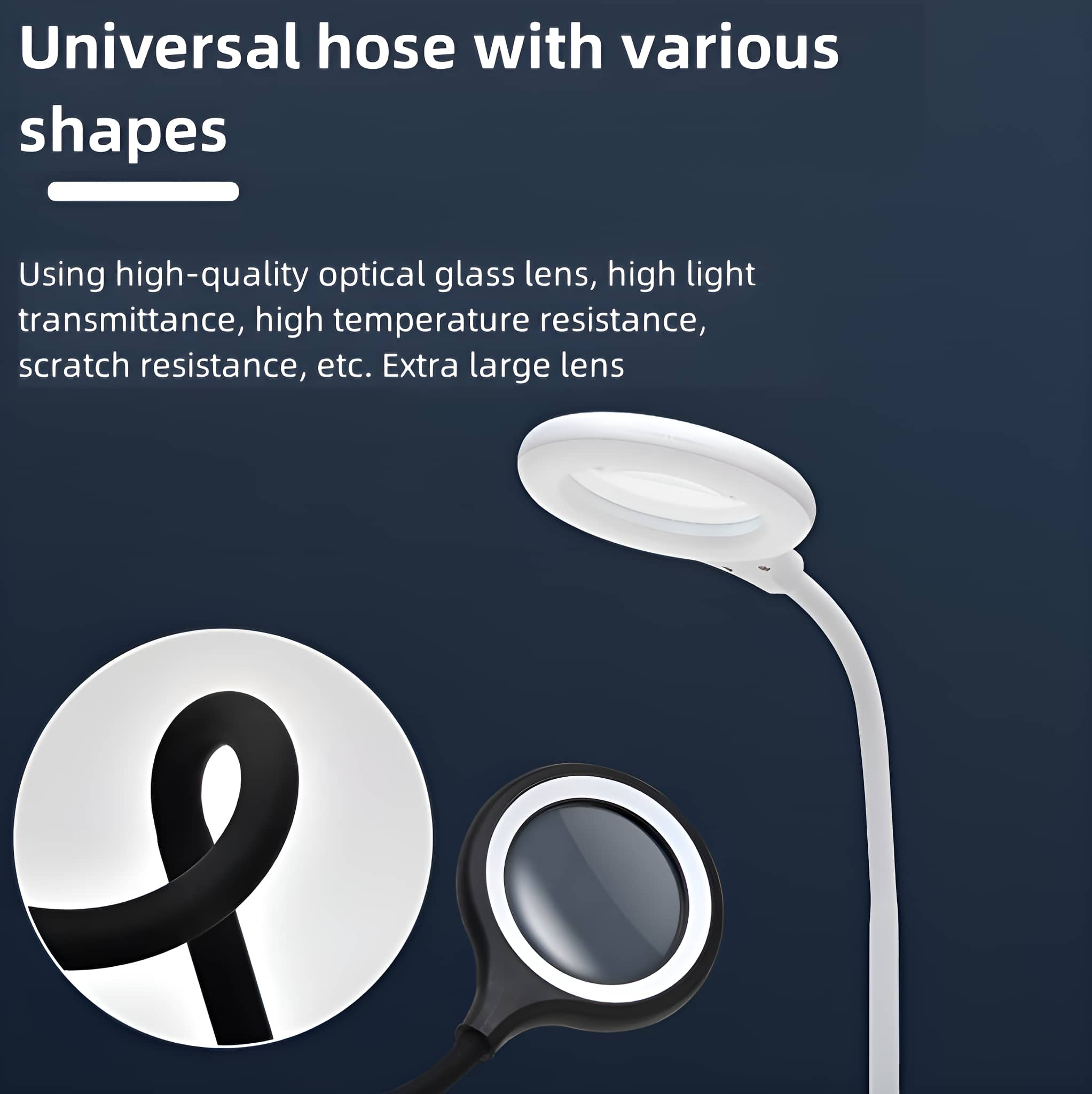 Flexibler schwarzer Schlauch mit Lupe. Eine weiße Lampe mit ähnlichem Design ist ebenfalls vorhanden.