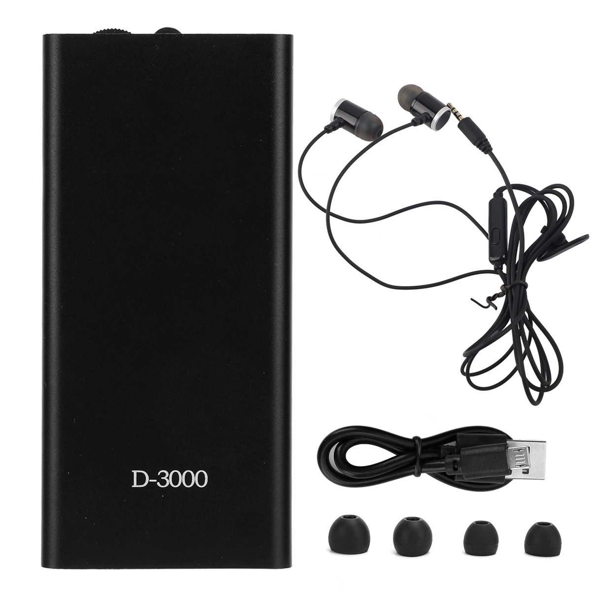 Ein schwarzer Audioplayer mit Ohrhörern, Ohrstöpseln und einem Ladekabel. Der Player ist mit D-3000 beschriftet.