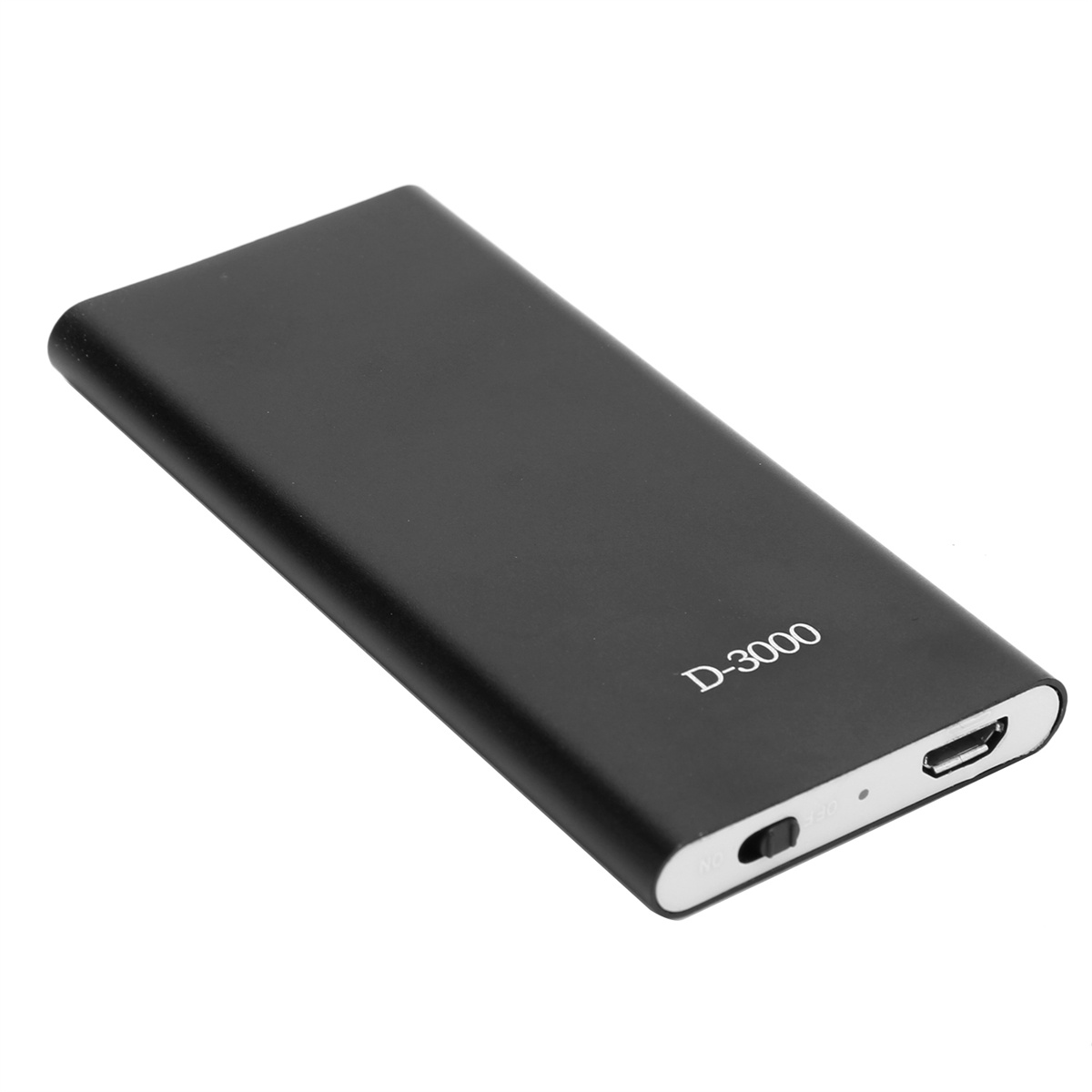 Schwarze tragbare Festplatte mit der Aufschrift "D-3000" und einem USB-Anschluss.
