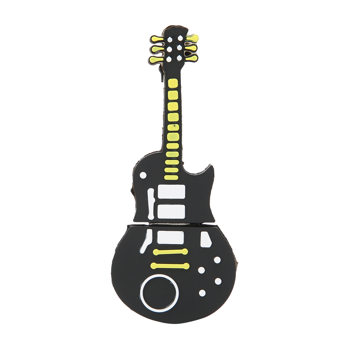 Schwarzer USB-Stick in Gitarrenform mit gelben Akzenten auf weißem Hintergrund.