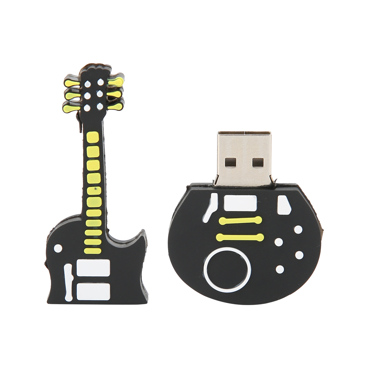 Schwarzer USB-Stick in Gitarrenform und ein runder USB-Stick auf weißem Untergrund.