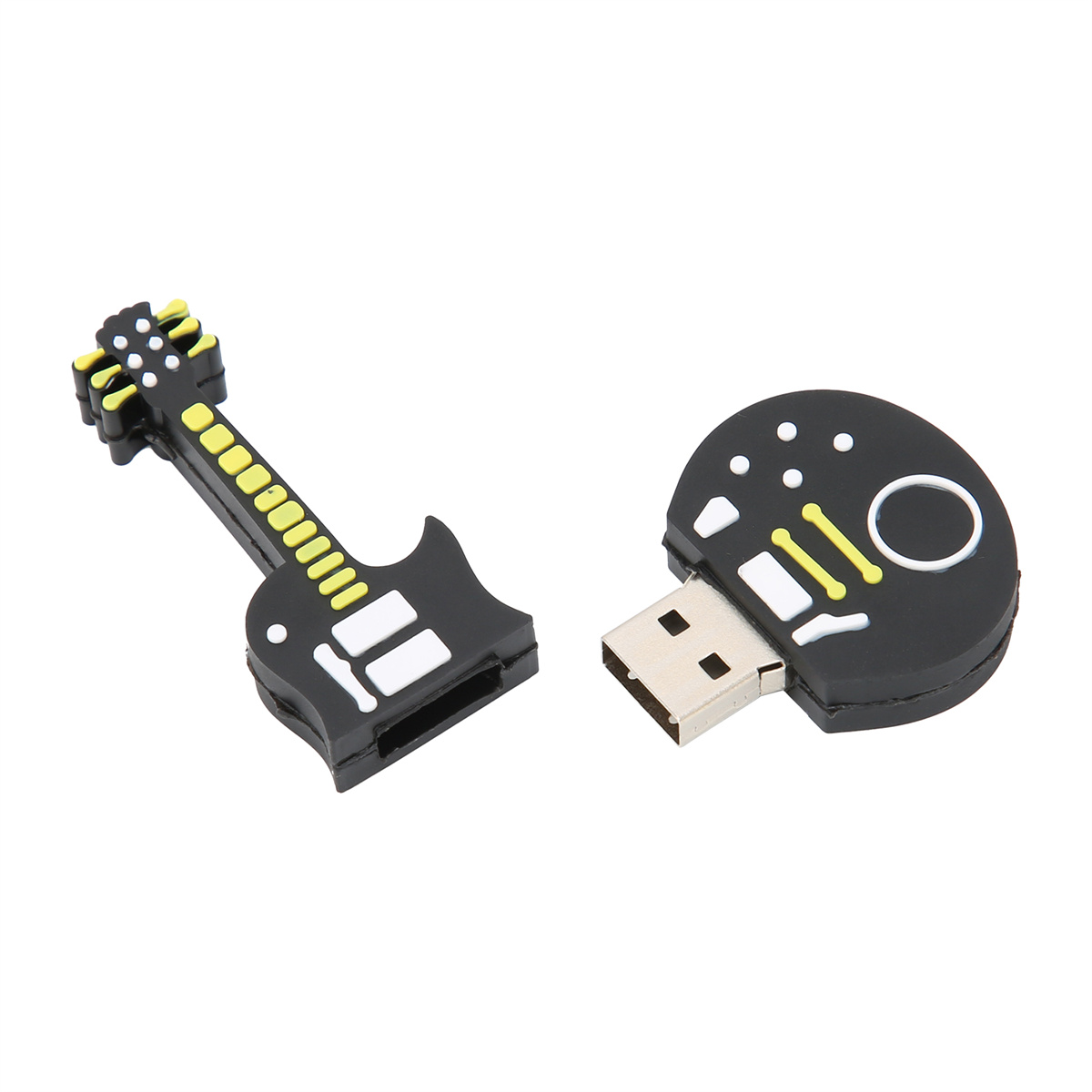 Ein gitarrenförmiger USB-Stick, schwarz mit gelben und weißen Akzenten.