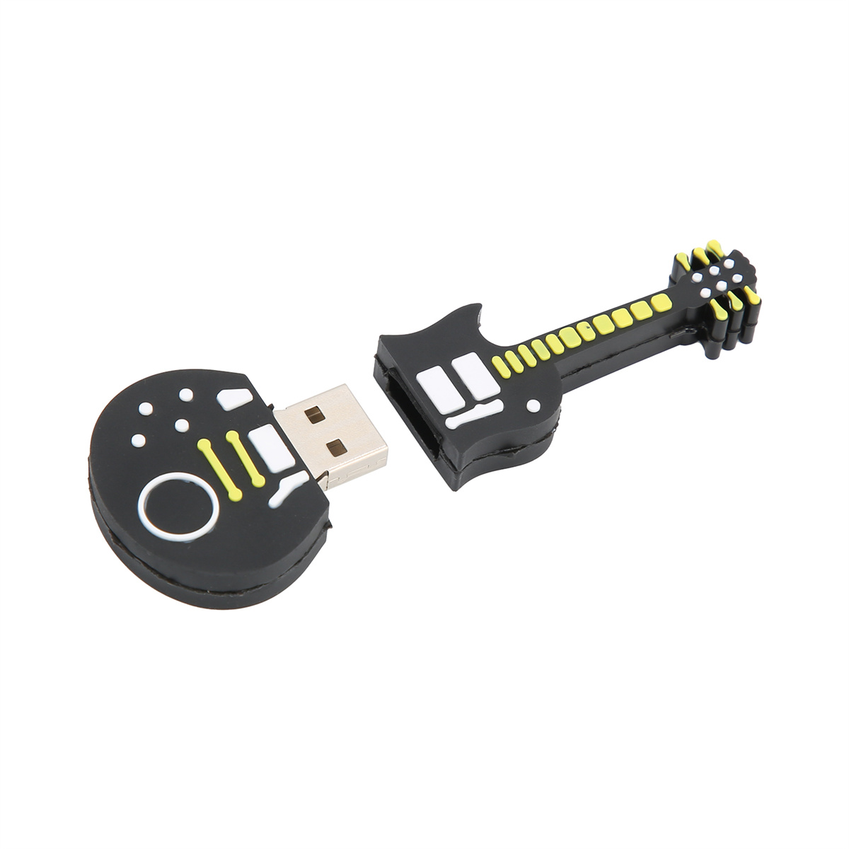 USB-Stick in Gitarrenform. Schwarz mit gelben und weißen Details.