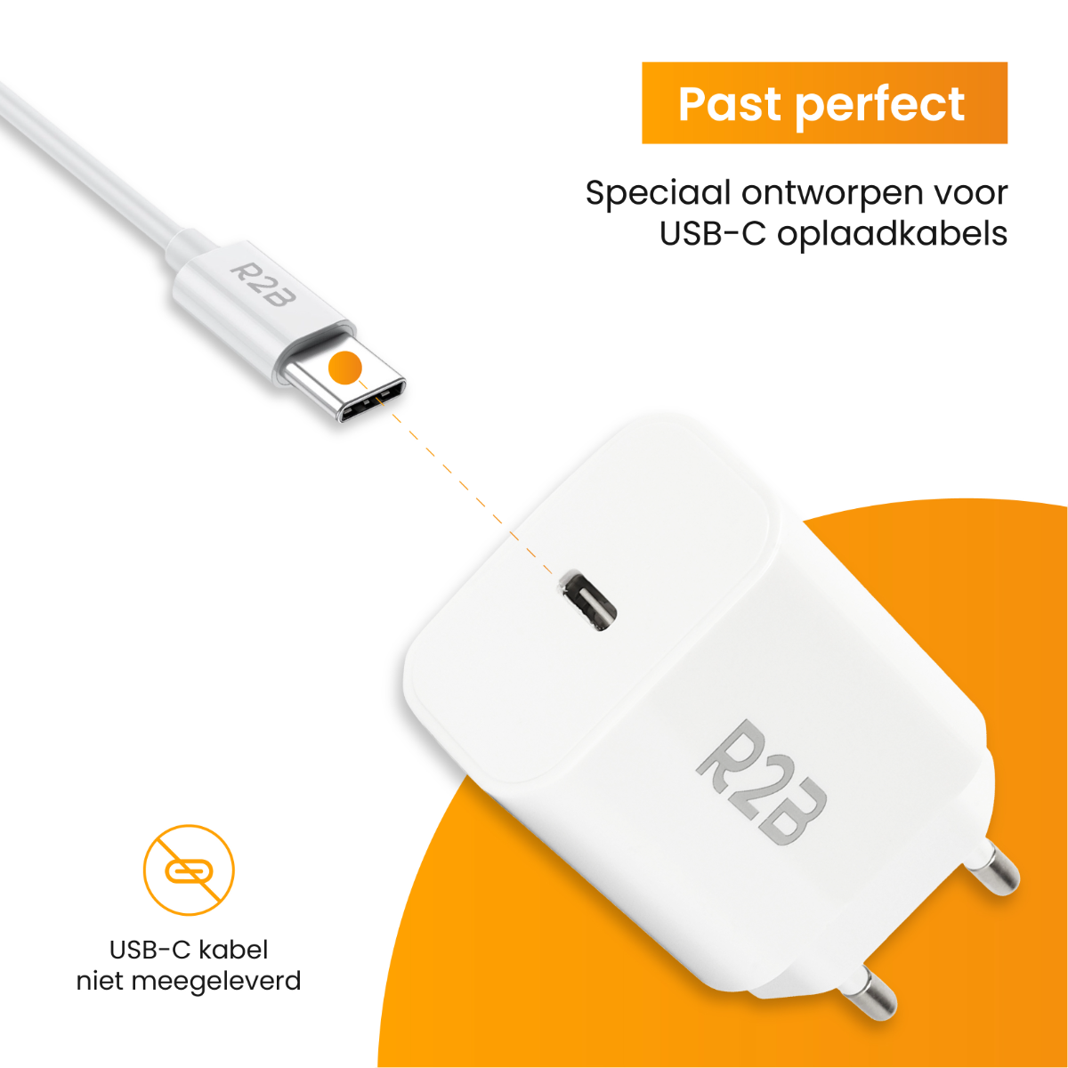 Weißes Ladegerät mit angeschlossenem USB-C-Kabel, mit Text 'Past perfect' und anderen Infos.
