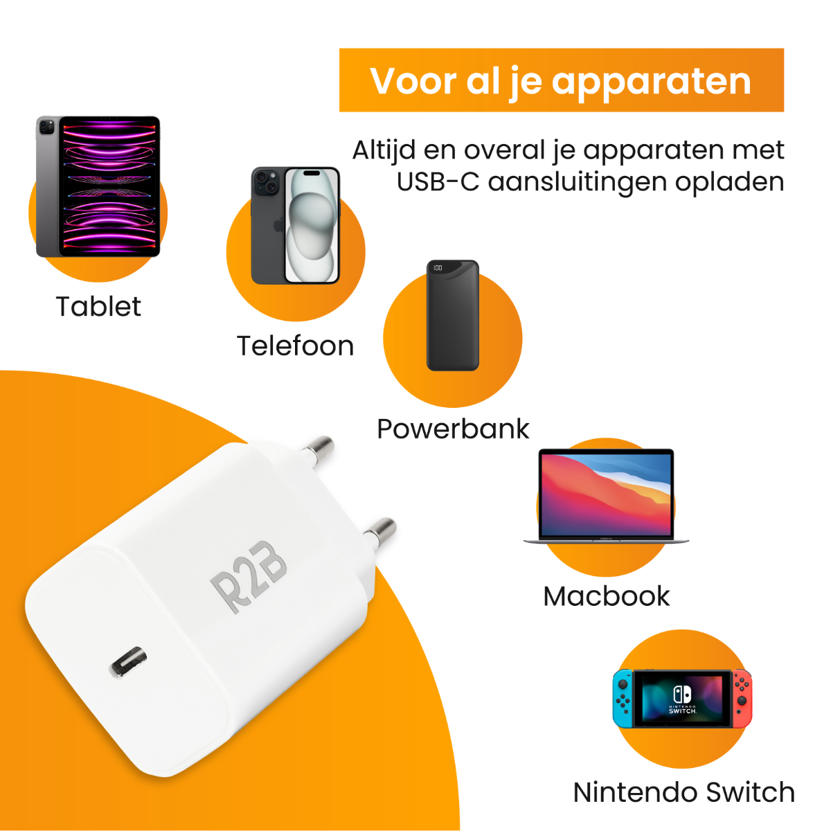 Weißes Ladegerät mit Geräten: Tablet, Telefone, Powerbank, Macbook und Nintendo Switch.