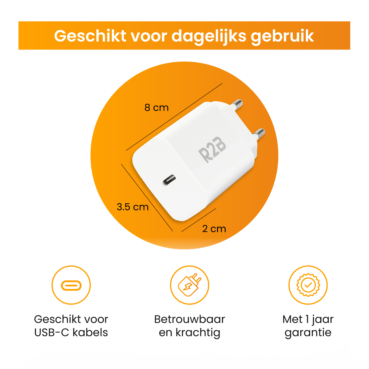 Weißes Ladegerät mit Abmessungen und Symbolen für USB-C-Kompatibilität und 1 Jahr Garantie.