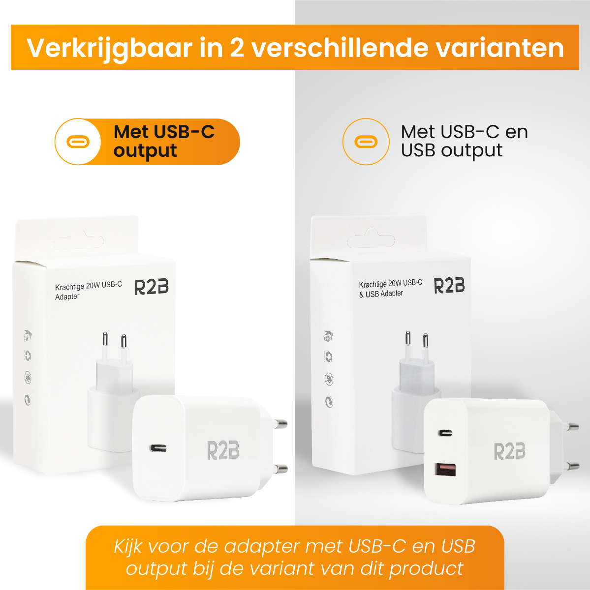 Zwei weiße Netzadapter mit unterschiedlichen Ausgängen, jeweils in einer Box, mit Text zu USB-C und USB.
