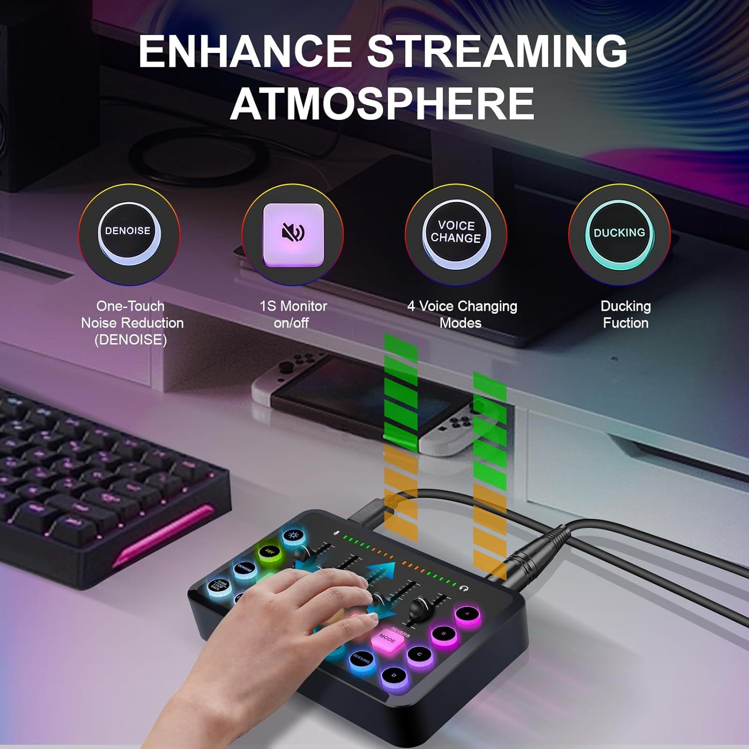 Bedienfeld für Streaming mit Tasten und Schiebereglern. Enthält Text: Verbessere die Streaming-Atmosphäre.